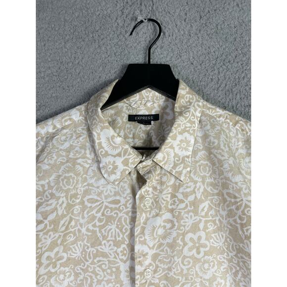 Express Men’s Paisley Button Down Dress Shirt Large 100% Cotton Beige White - Picture 3 of 9